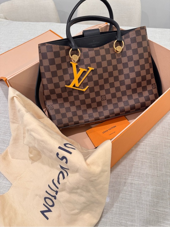 Louis Vuitton Handbags - Louis Vuitton Brown Damier Ebene Canvas Tote with Black Trim and Yellow LV Charm